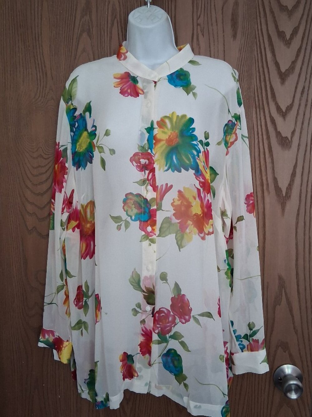 Vintage Nexx Women's Silk Shear Floral Blouse 2X Red Blue Flowers